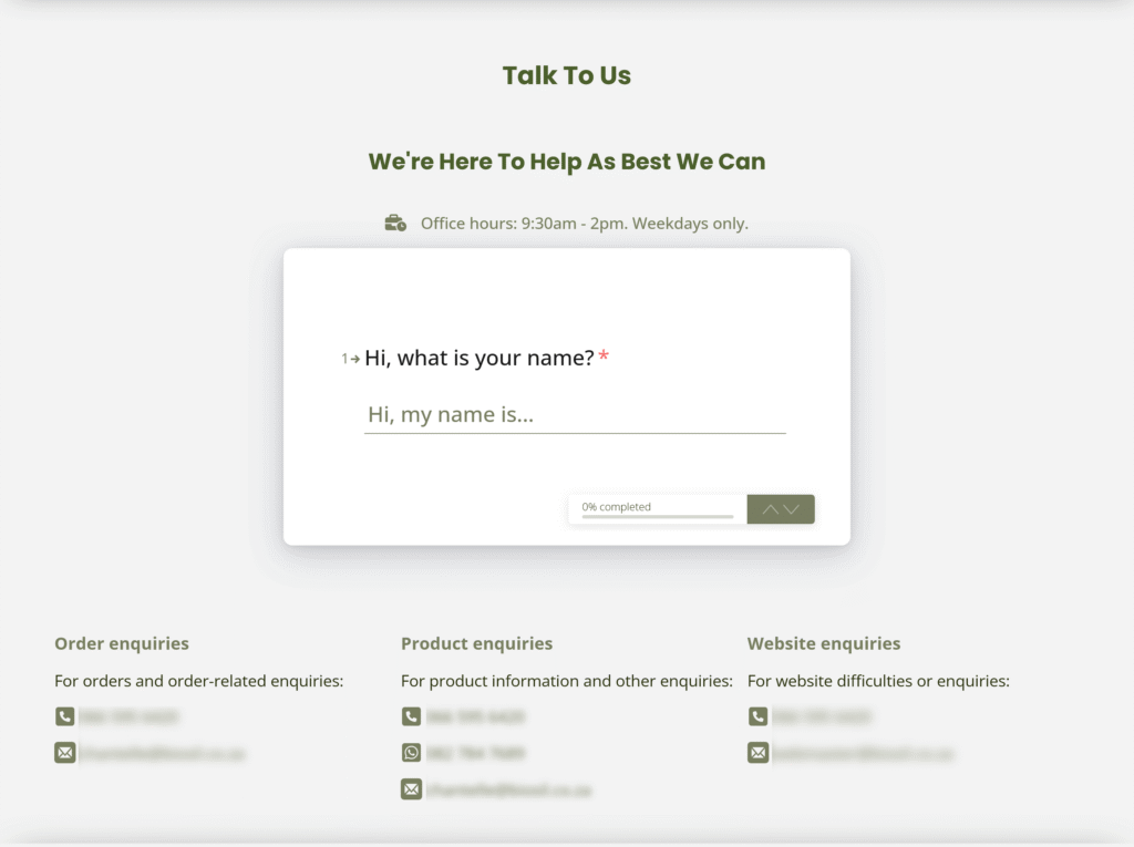 A scrolling view of the Bio-Sil contact page showing the interactive form and tiered enquiry sections for orders and products