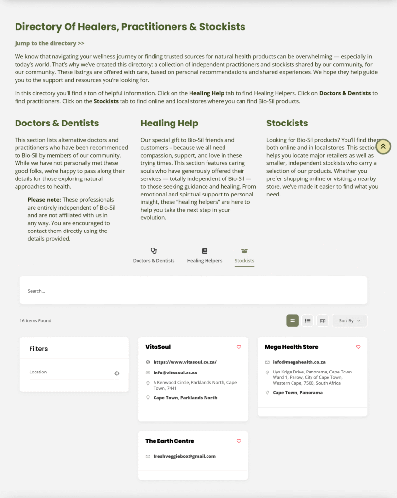 A screenshot of the Bio-Sil Directory page showing filterable categories for healers, doctors, and stockists with clean contact cards