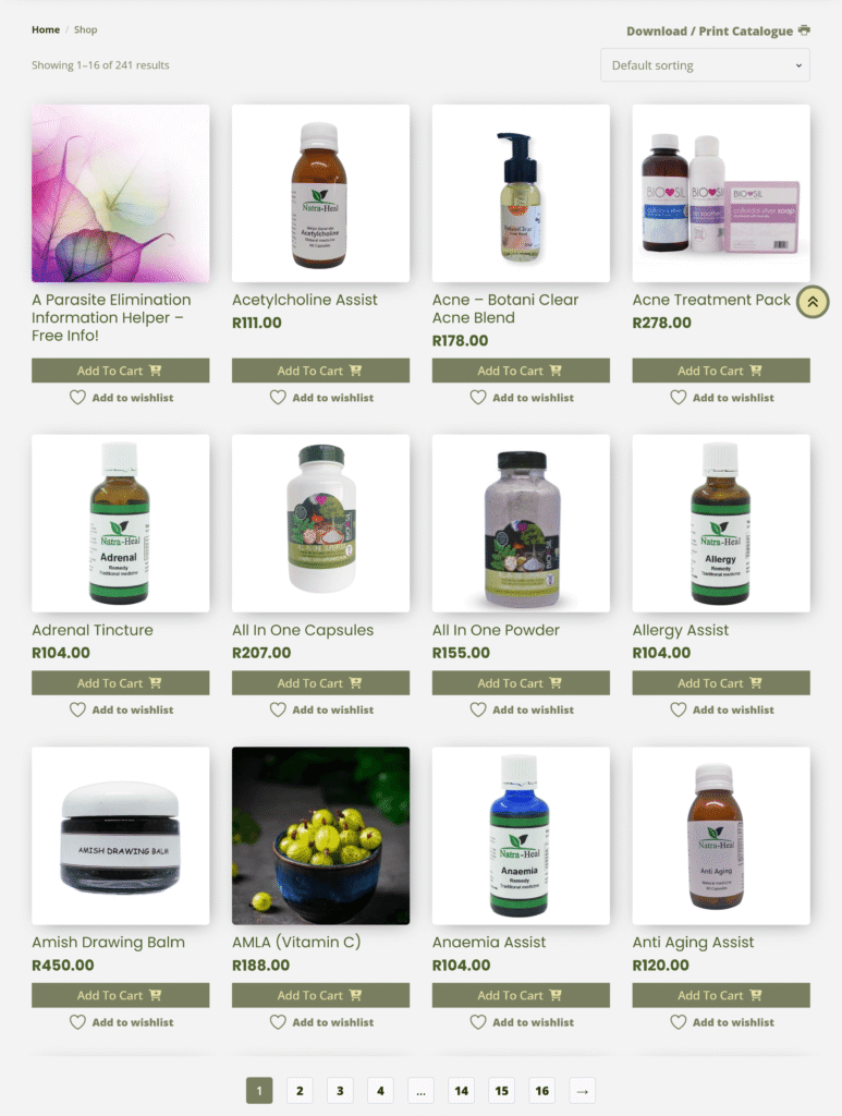 A scrolling view of the Bio-Sil shop page showing a clean 4-column grid of health products with Add to Cart buttons