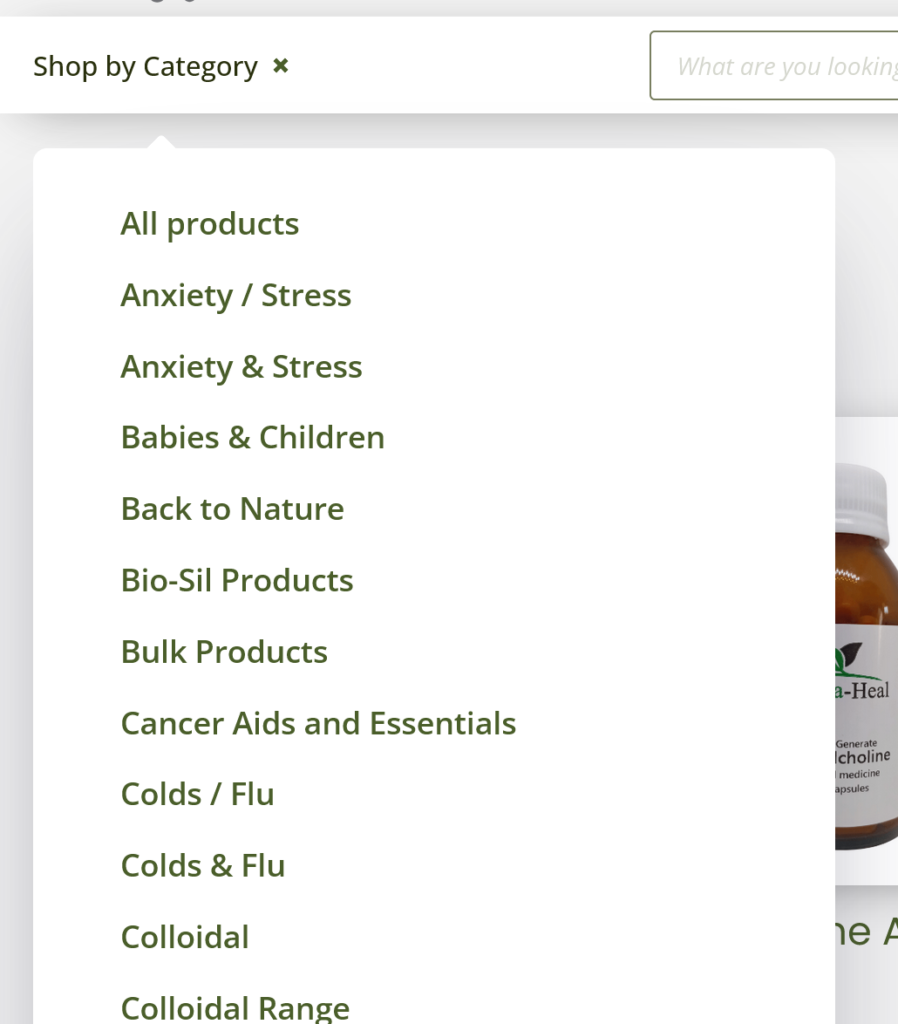 Redesigned dropdown menu for Bio-Sil South Africa showing organised product categories for natural health supplements