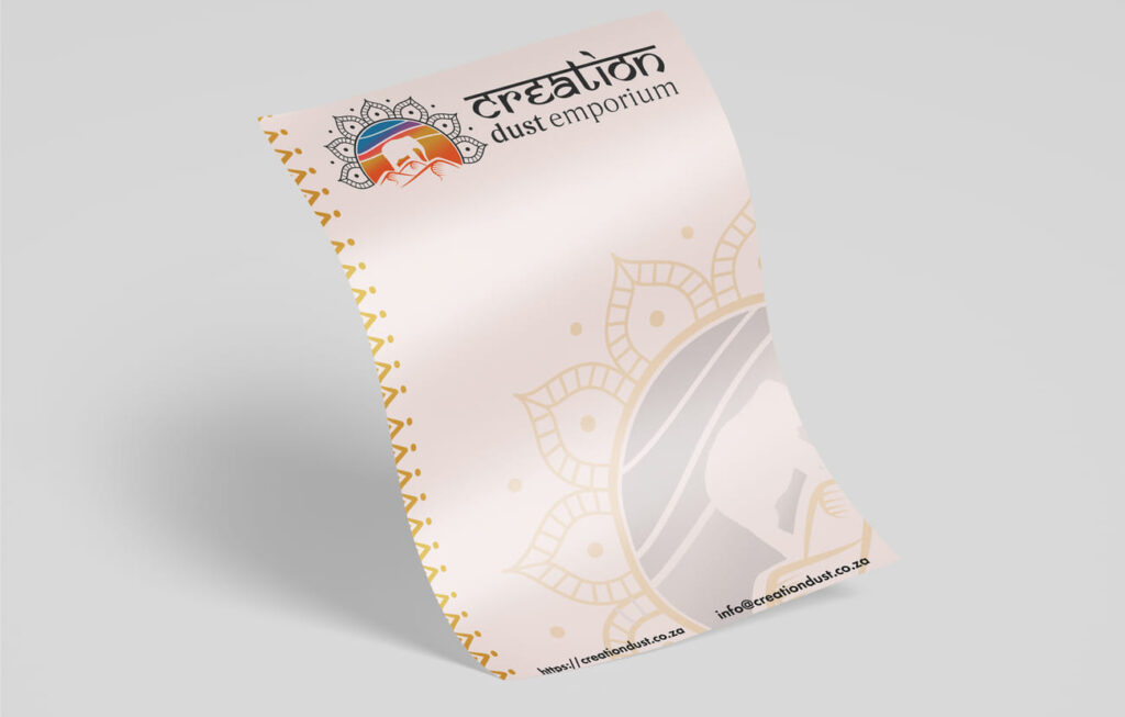 A curved, floating letterhead mockup for Creation Dust Emporium featuring the full color logo and a geometric gold-toned border on the left margin.