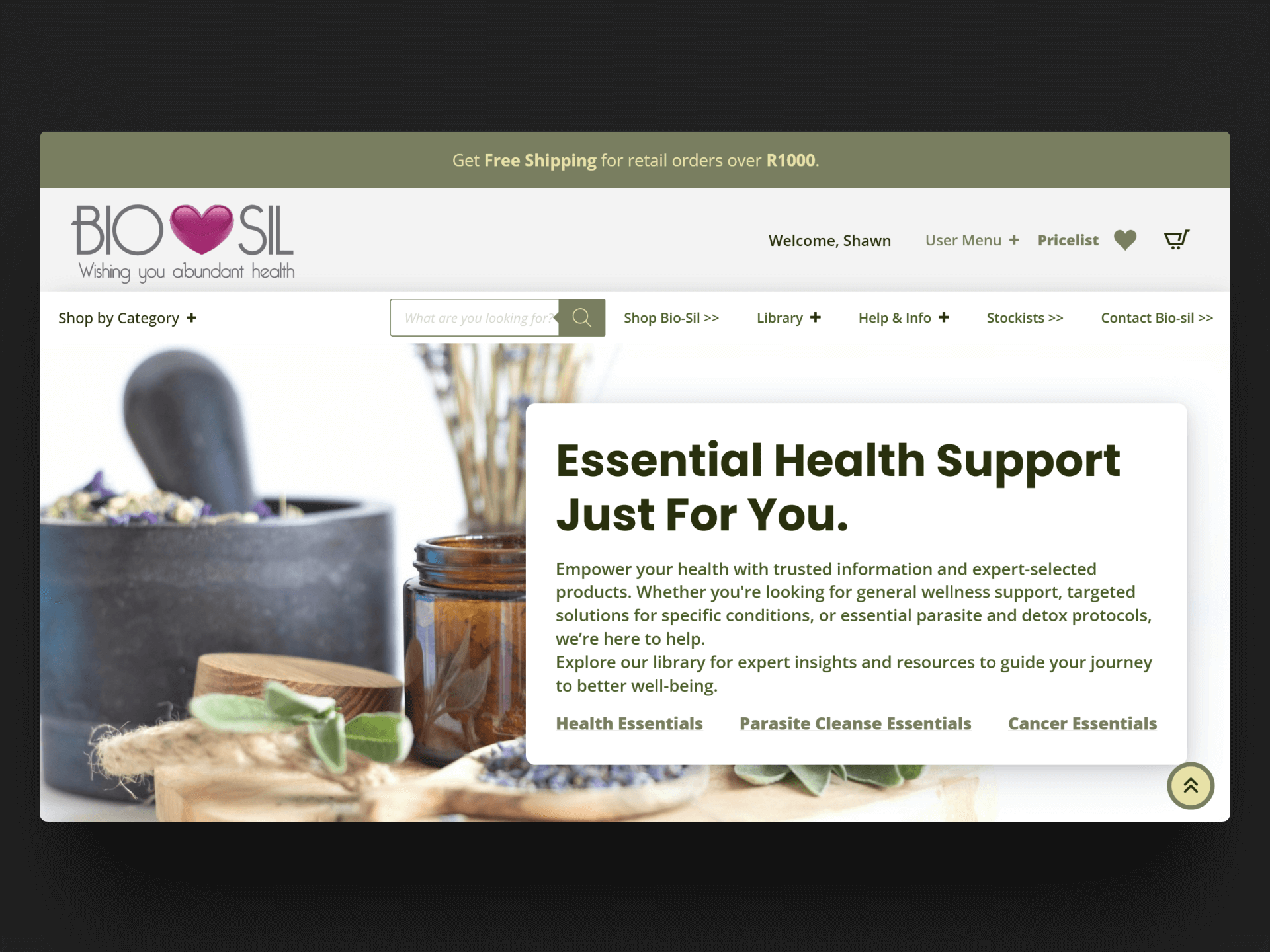 A screenshot of the header and hero of the Bio-Sil South Africa site.