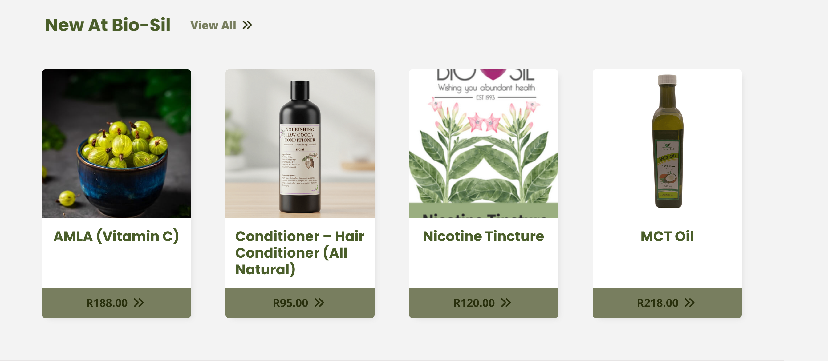 A row of four clean product cards on the Bio-Sil website for AMLA, Hair Conditioner, Nicotine Tincture, and MCT Oil with Sage Green action buttons
