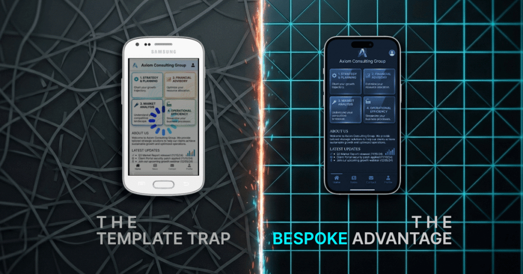 A split-screen comparison by LiveFuse Creative showing a slow, bloated Samsung "Template Trap" site versus a fast, glowing iPhone "Bespoke Advantage" site.