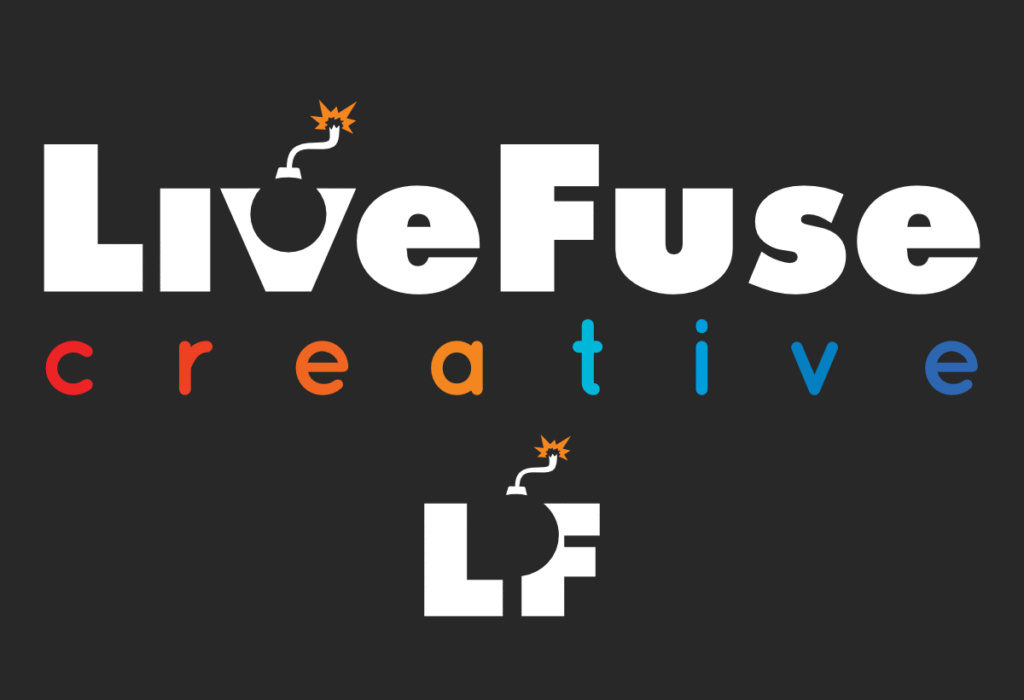Reconstructed LiveFuse Creative brand system showing the bold horizontal logo with blue and orange accents and the minimalist LF monogram icon with an integrated orange spark.