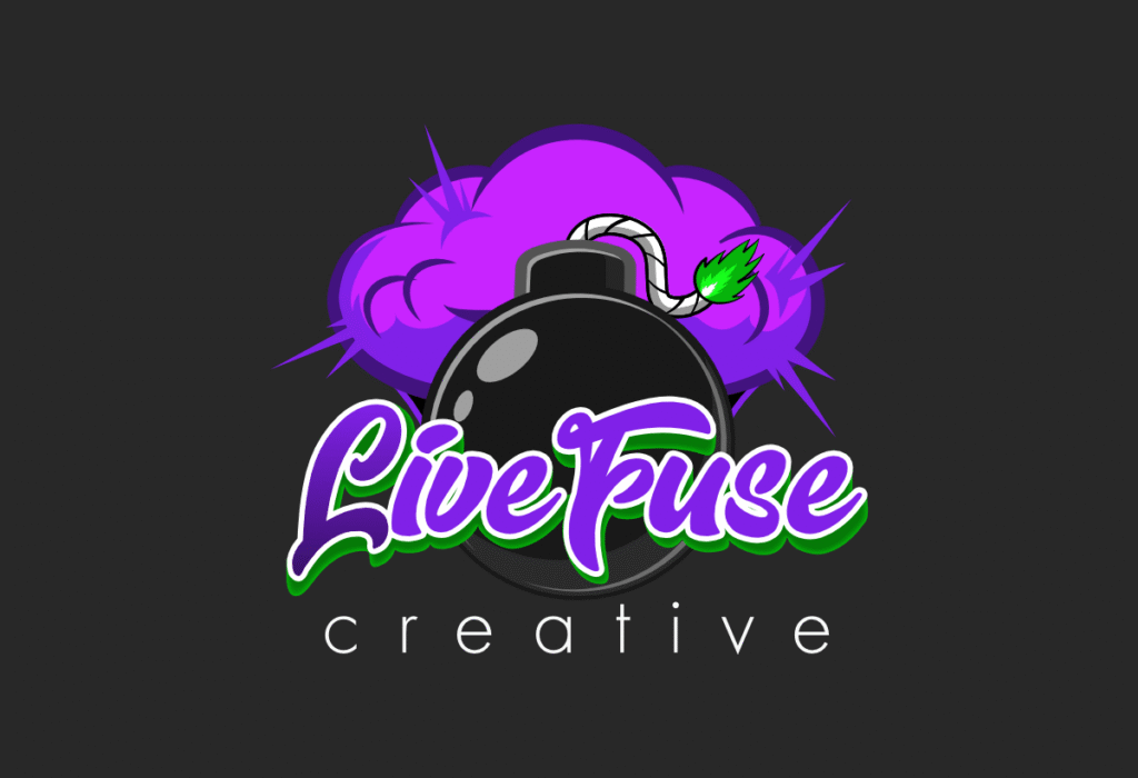 Original LiveFuse Creative logo featuring a purple explosion cloud, a detailed black bomb with a green flame fuse, and purple script typography.