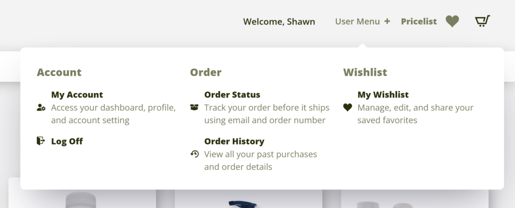 Close up of the Bio-Sil secure user menu featuring links for account management, order status, and customer wishlists