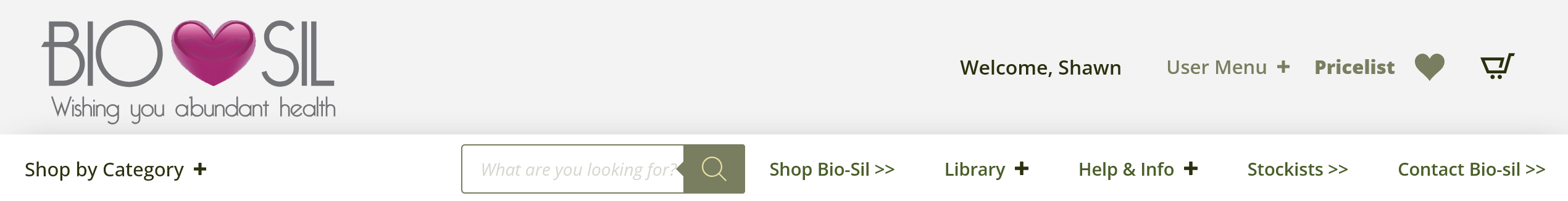 Close up of the Bio-Sil South Africa global navigation header showing the multi-tier shop categories and user account menu